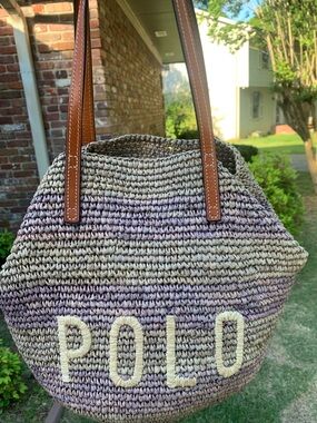 POLO RALPH LAUREN Woven Raffia Bucket LOGO Tote Bag Beach